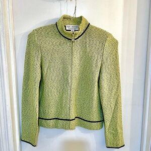 Vintage St. John Light Green Tweed Zip-Front Blazer with Black Trim Size 4